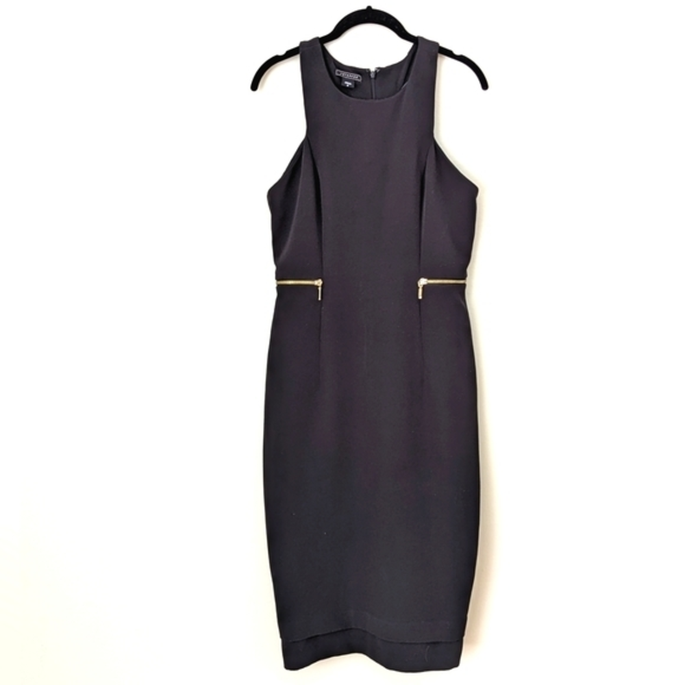 Metaphor Halter Style Sheath Dress w Double Hem & Shiny Gold Zipper Details,‎ 6